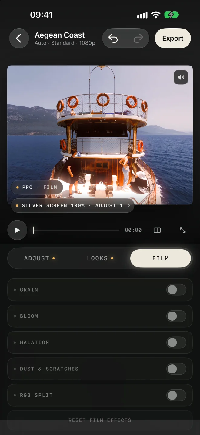 Film tab with Grain, Bloom, Halation, Dust & Scratches and RGB Split toggles