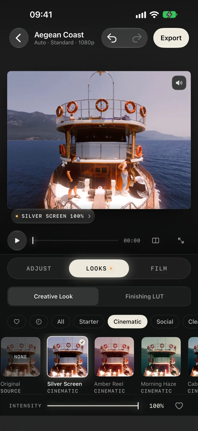 Looks tab with the Cinematic folder: Silver Screen selected, Amber Reel and Morning Haze thumbnails rendered from the clip