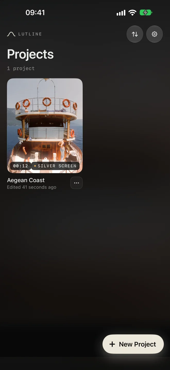 Projects screen with a graded boat clip showing its duration and look name