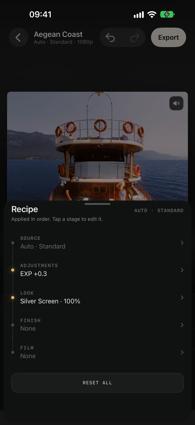 Recipe sheet listing Source, Adjustments, Look, Finish and Film in the order they are applied