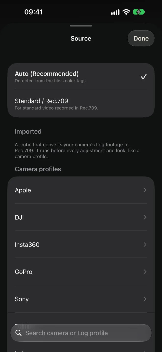 Source sheet with Auto, Standard Rec.709, an imported conversion and camera profiles for Apple, DJI, Insta360, GoPro and Sony
